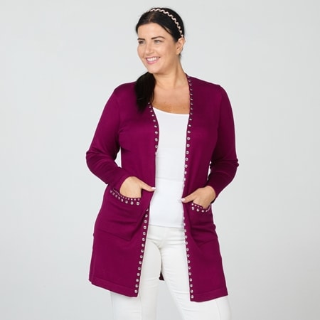Nina Leonard Sweater Knit Cardigan with Pockets and Stud Detail