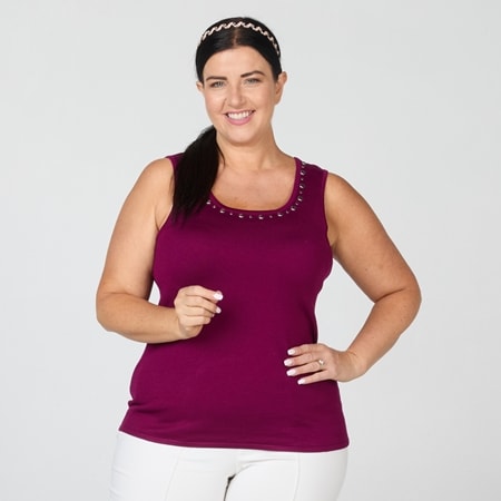 Nina Leonard Scoop Neck Sleeveless Knit Tank with Stud Detail