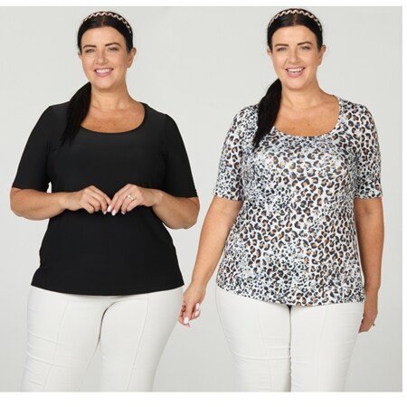 Nina Leonard Scoop Neck Elbow Sleeve Top Print/Plain 2 Pack