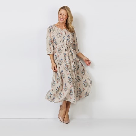 Cafe Latte Pintuck Bodice Drawstring Dress