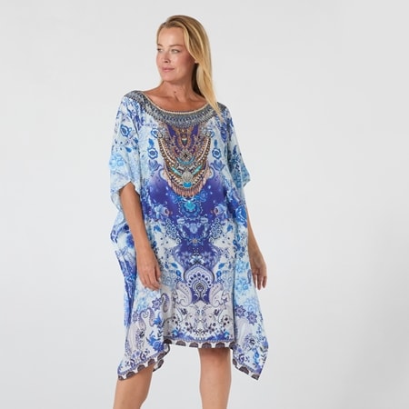 Silk Islands 100% Silk Bluebells Boat  Neck Knee Length Kaftan