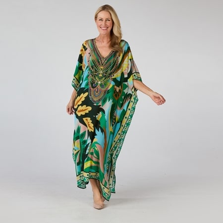 Silk Islands 100% Silk Lyra V-Neck Cold Shoulder Long Kaftan