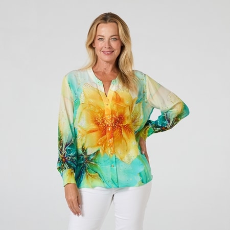 Silk Islands 100% Silk Blossom Button-Up Long Sleeve Shirt