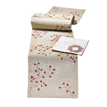 Mera Linen Red Holly Berries Table Runner with Matching Napkins